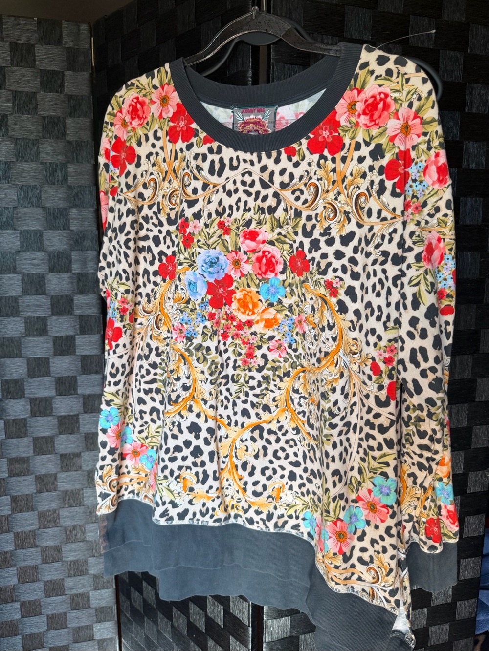 Johnny Was Multicolor Floral & Leopard Print Sweatshirt with Gold Scrolls